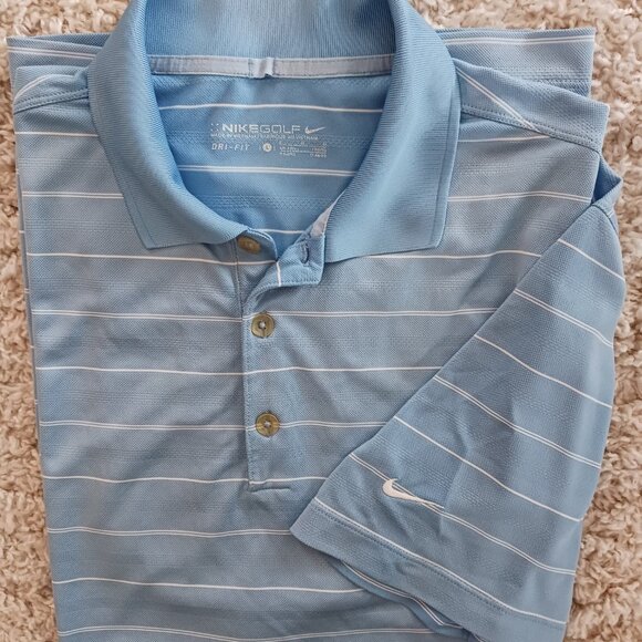 Nike Golf Shirt Men's Blue White Striped Pattern Short Sleeve Dry Fit Size Large - Picture 1 of 9